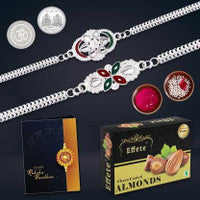 Designer Rakhi Set With Almond Chocolates Roli-chawal Coin  Greeting Card  Raksha Bandhan Gift Combo Designer Rakhi Set With Almond Chocolates Roli-chawal Coin  Greeting Card  Raksha Bandhan Gift Combo